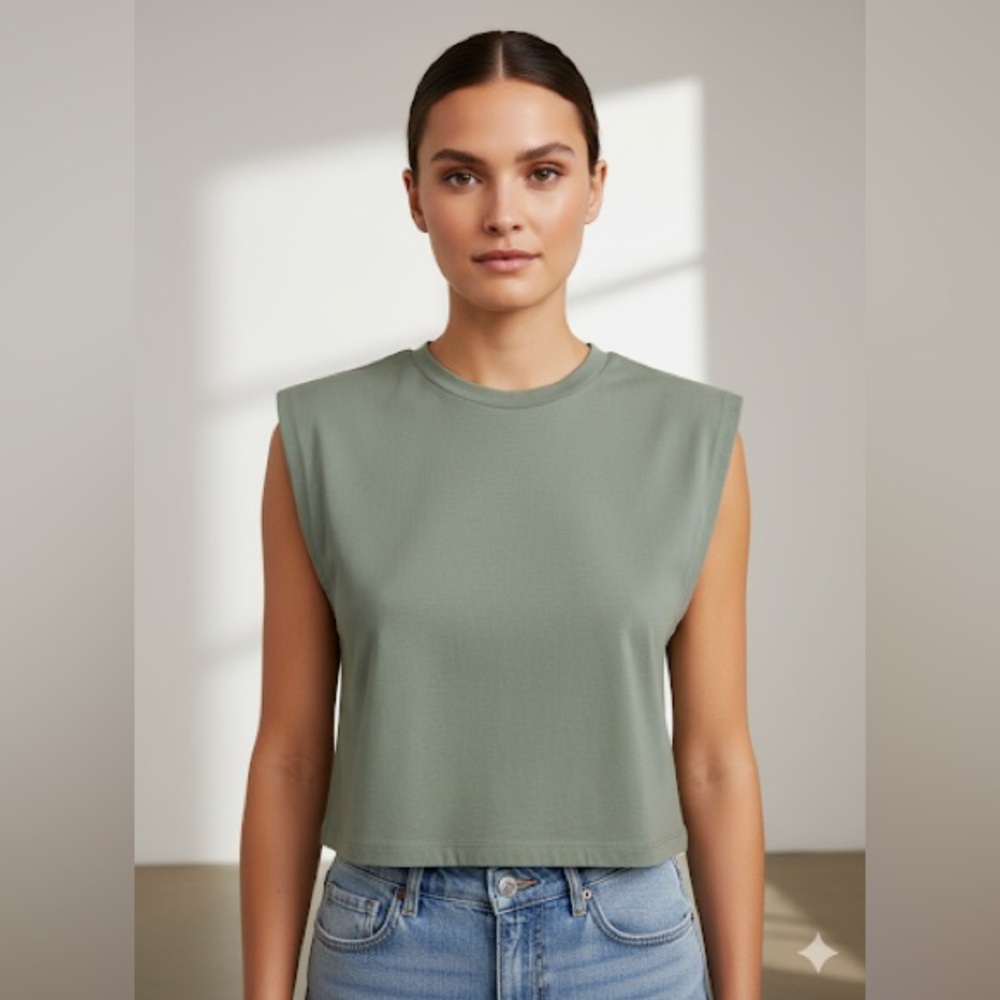 Zara Sage Green Structured Crop Top T-shirt